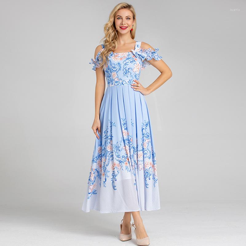 

Casual Dresses MIUXIMAO 2022 High Quality Spring&Summer Elegant Dress Short Sleeve Print Embroidery Fashion Long Women Vestides, Light blue