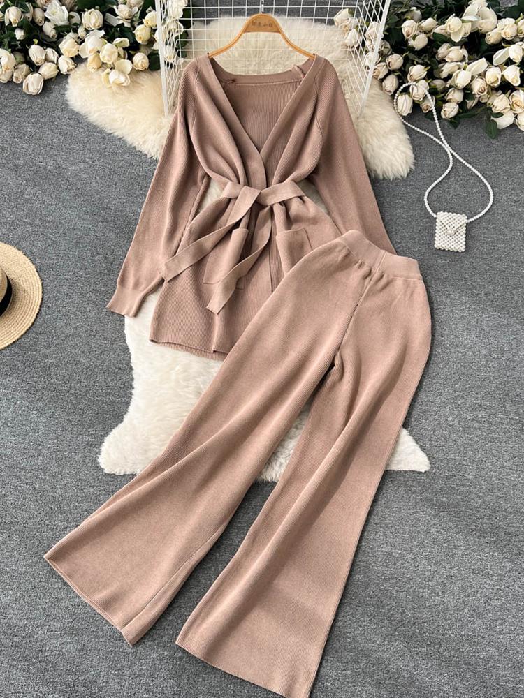 

Women's Two Piece Pants FTLZZ Autumn Winter Women Knitted Sets V-neck Puff Sleeve Sash Tie Up Tops And Empire Slim Wide Leg Lady Suit, Black