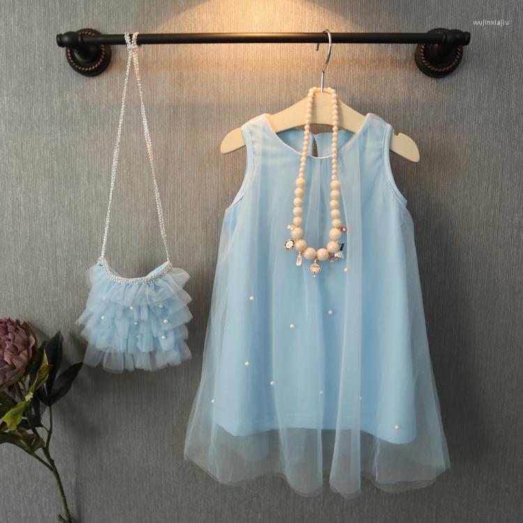 

Girl Dresses Cute Fairy Baby Princess Dress Sky Blue Sleeveless Bead Tulle Summer Little Girls Party Gown Fancy
