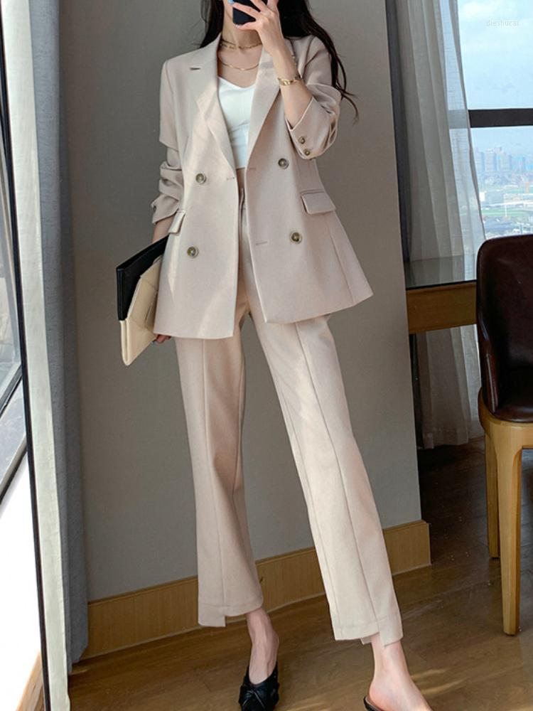 

Women' Two Piece Pants Women Korean Fashion Elegant Business Trousers Suit Double Breasted Vintage Blazer Jacket Pencil Pantsuit Female, Apricot