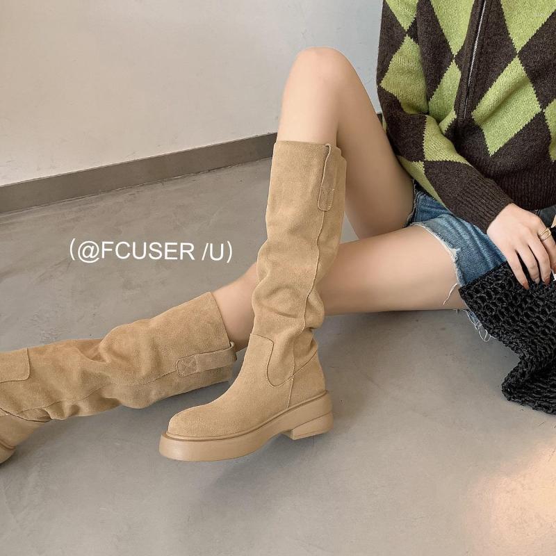 

Boots Western Woman Slip On Platform Shoes Cow Suede Leather Cowgirls Botas Cool Spring Autumn Mid Calf Simple Style, Black no fur