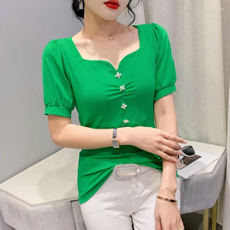 

Women' T Shirts Puff Sleeve Shirt Women Summer Black Green Buttons Short Female Sexy Streetwear Tee Basic T-shirt Tops