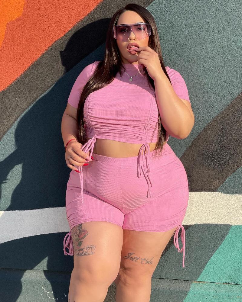 

Tracksuits Perl Drawstring Solid Color Two Piece Outfit Plus Size Women's Clothing Curved Matching Set Crop Top Short Suit Casual, Orange