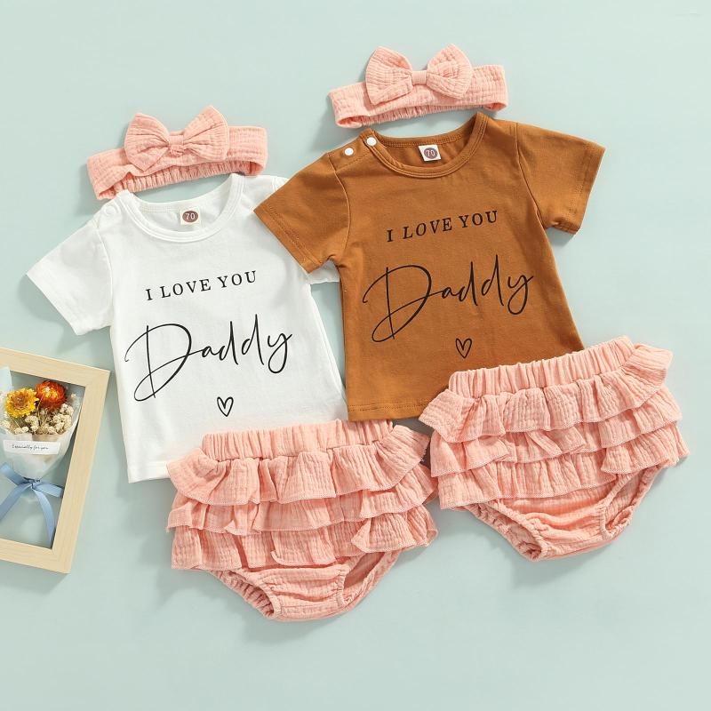 

Clothing Sets Baby Girl Skirt Suit Letter Print Short Sleeve T-shirt Layered Ruffle Bow Headband Father's Day Set, Crimson