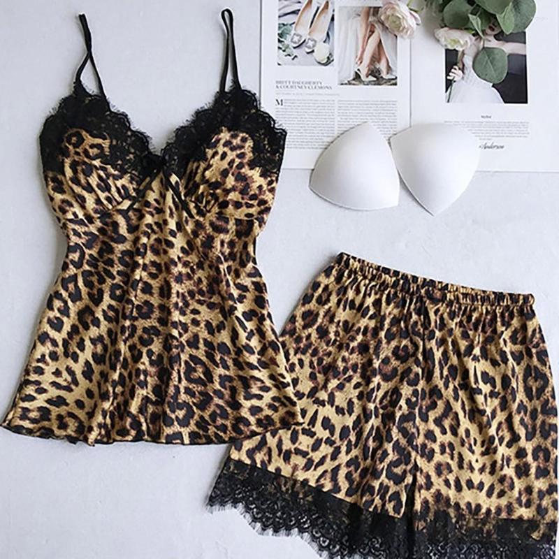 

Women' Sleepwear 4pcs Pajamas Women Leopard Set Sexy Lingerie Satin Silk Cardigan Nightdress Ladies Underwear 2022, Brown