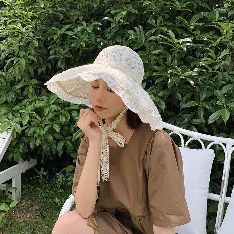 

Berets Bucket Hat Women Fishing Summer Lace Strap Beach Fresh Seaside Holiday Sun-proof Sun-shading Caps, White