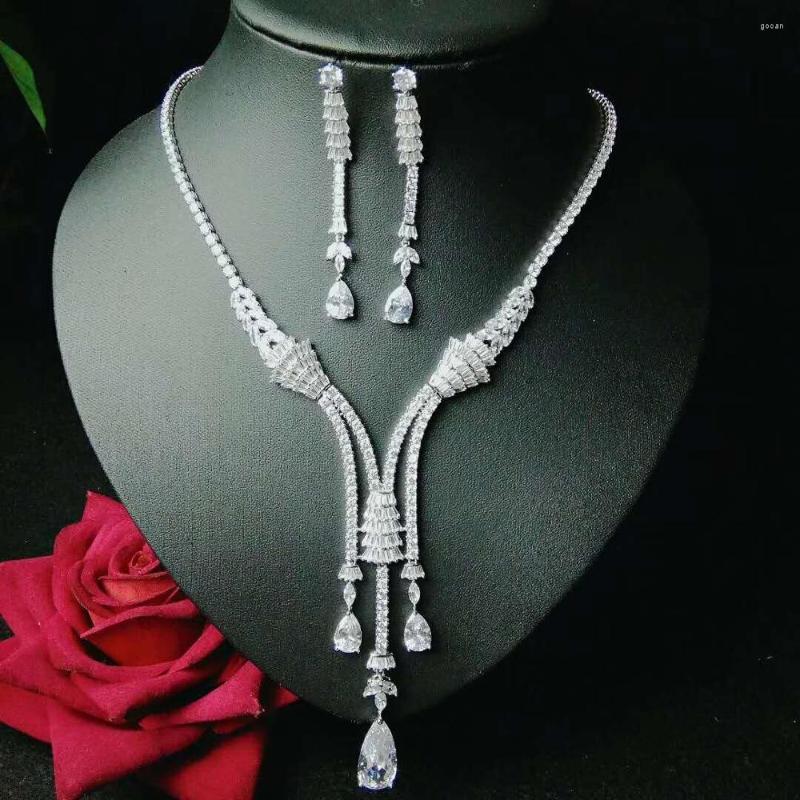 

Necklace Earrings Set HIBRIDE Sparkling Bijoux Dubai Full Cubic Zirconia Women Wedding Bride Party Show Wholesale N-1046, Picture shown