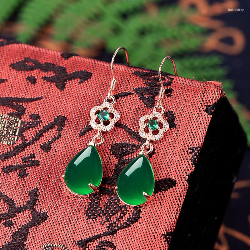 

Dangle Earrings Water Drop-shaped Zircon-encrusted Emerald Chalcedony Female Rose Gold Color Court Style Green Agate Vintage Jewelry