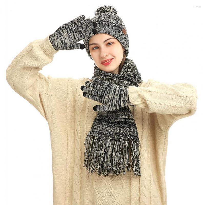 

Berets 1 Set Hat Gloves Scarf Twist Pattern Knitted Women Thickened Lining Touchscreen And For, Black