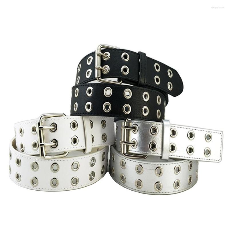 

Belts Adjustable Double Grommet Leather Waist Belt Rock Motorcycle Strap For Jeans Costume, White