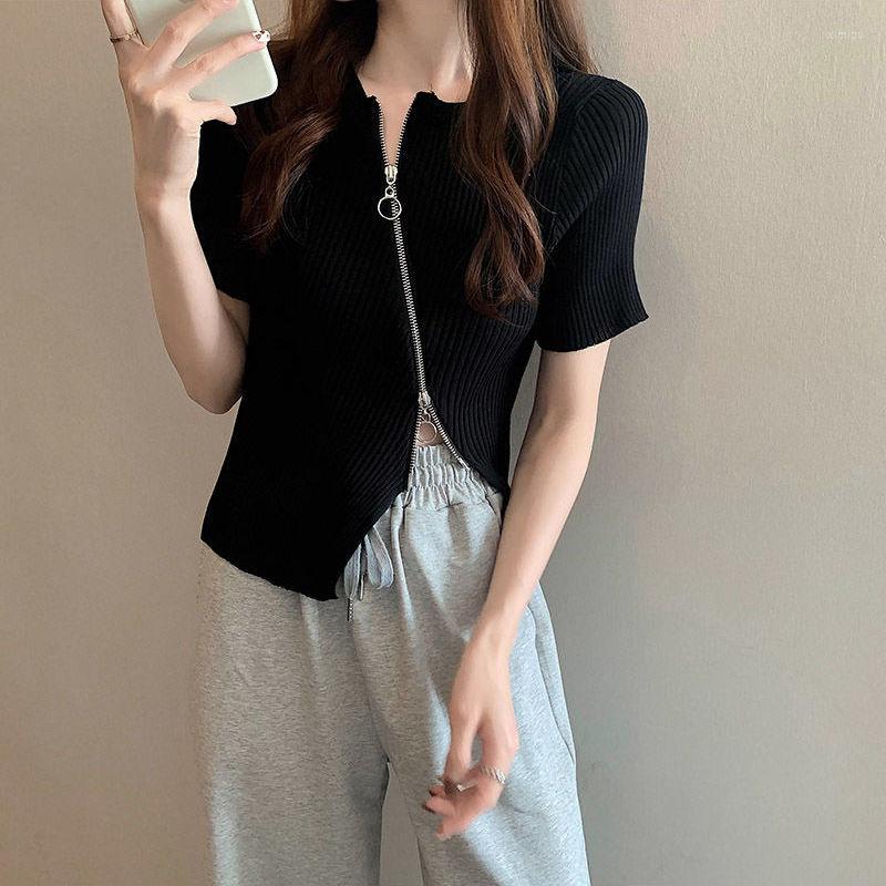 

Women' T Shirts Woman Tshirts Irregular Short-Sleeved Knitted Women' Summer Zipper Short Top Crop Mujer Camisetas, Black