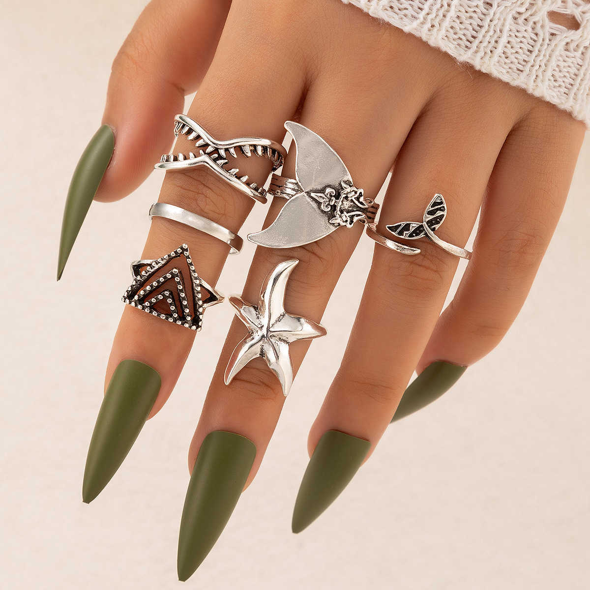 

New Ocean Style Starfish Octopus Multi piece Ring Set Geometric Animal Ring Set