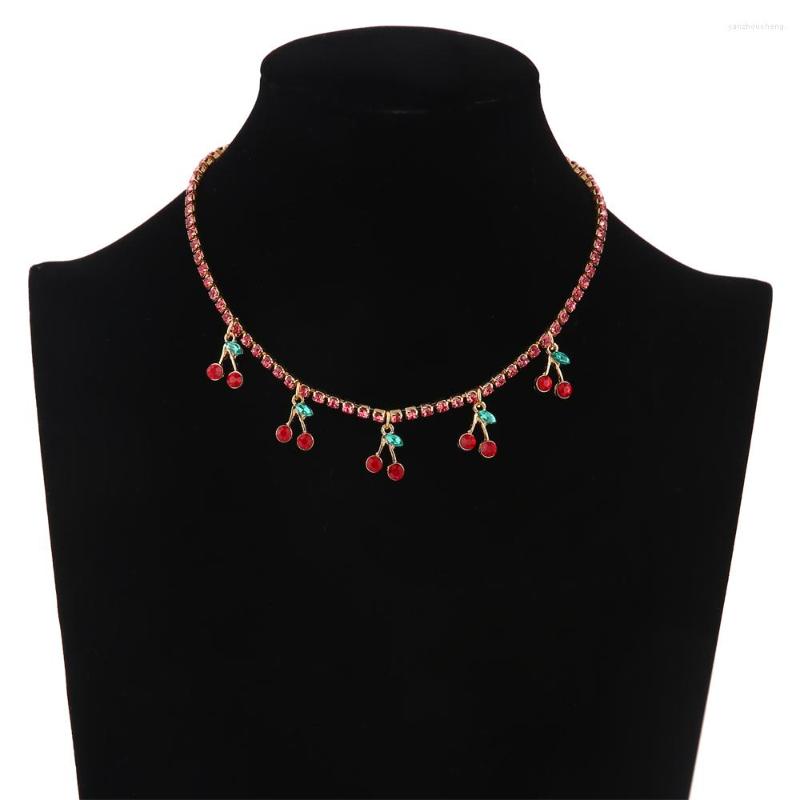 

Choker Luxury Cherry Necklace 2022 Crystal Rhinestone For Women Summer Charm Jewellery Fashion Hiphop Jewelry