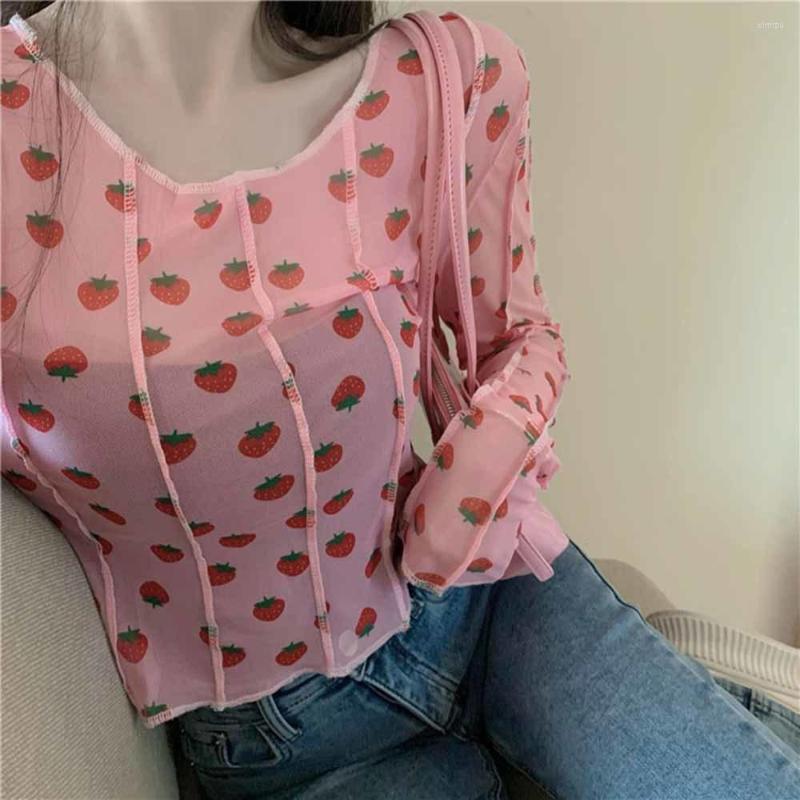 

Women's T Shirts Strawberry Printed Thin Bottoming Shirt Top Women's O-Neck Slimming Mesh Long Sleeve T-shirt Perspective Summer Fashion, Pink