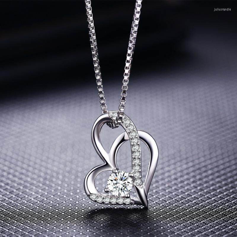 

Pendant Necklaces Yanleyu Romantic Double Heart Necklace 925 Silver Color Clear&Purple Cubic Zircon Jewelry Valentine's Day Gift