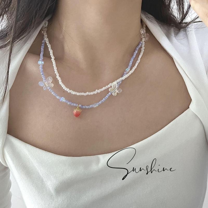 

Chains Summer Sweet Double Beaded Butterfly Flying Necklace Female High-End Design Sense Niche Collarbone Chain Ins Tide
