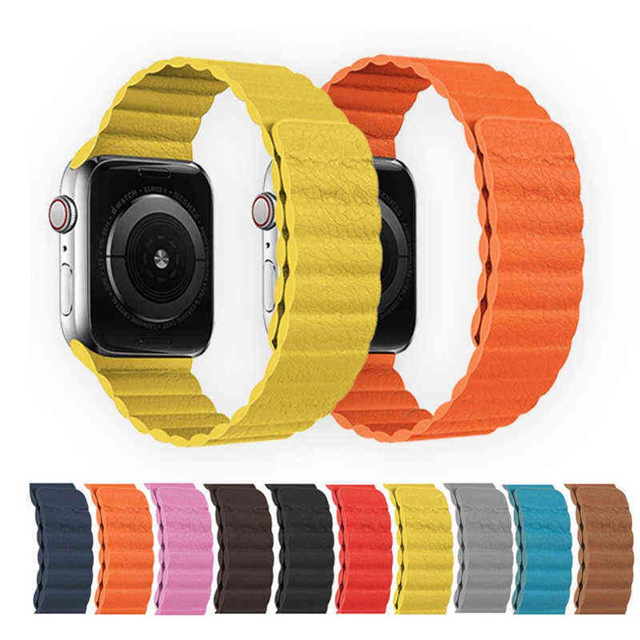 

Leather loop strap for Apple watch Band 44mm 40mm 38mm 42mm 41mm Magnetic smartwatch bracelet iWatch Series 3 4 5 6 SE 7 45mm Y1126337e