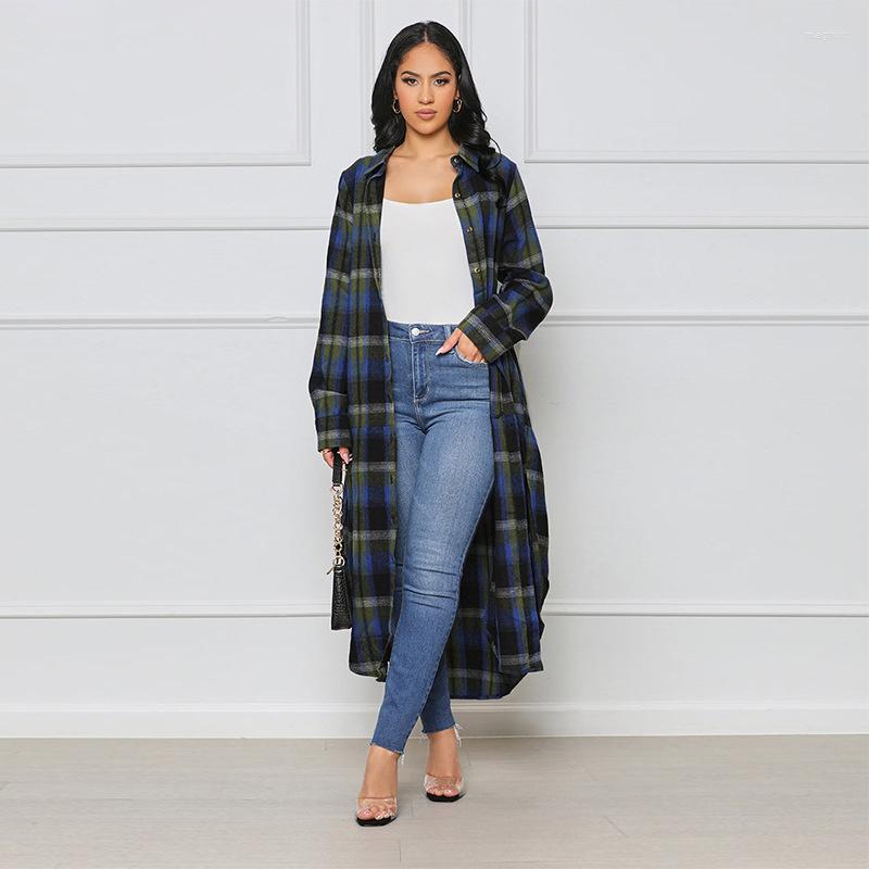 

Women' Jackets Zabrina Coat Tops Long Plaid Printing Women' High Street T-shirt Button Full Sleeve Clothing Clubwear Outoor, Blue