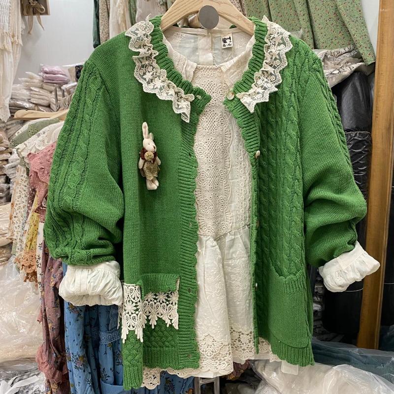 

Women's Knits Autumn Sweet Mori Style Lace Stitching O Neck Knitted Cardigan Sweater Women Long Sleeve Twist HT16071, No.1 green sweater