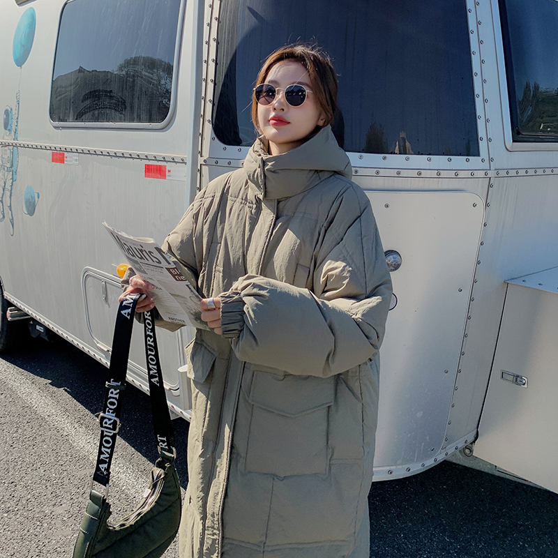 

cotton clothing long over-the-knee down jacket women's thick loose large size cotton coat, Black