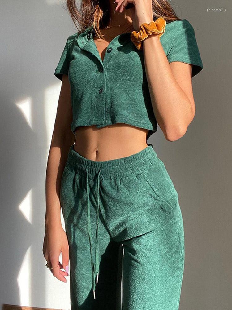 

Women' Two Piece Pants Women Cardigan Crop Top Loose 2 Pieces Short Sleeve T-Shirt Lace Up Wide Pant Female Summer Suit 2022 Casual Lady, Green
