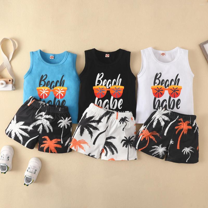 

Clothing Sets Toddler Boy Summer Casual Outfits Sleeveless Letter Printed Round Neck Tank Tops Tree Shorts Set, White