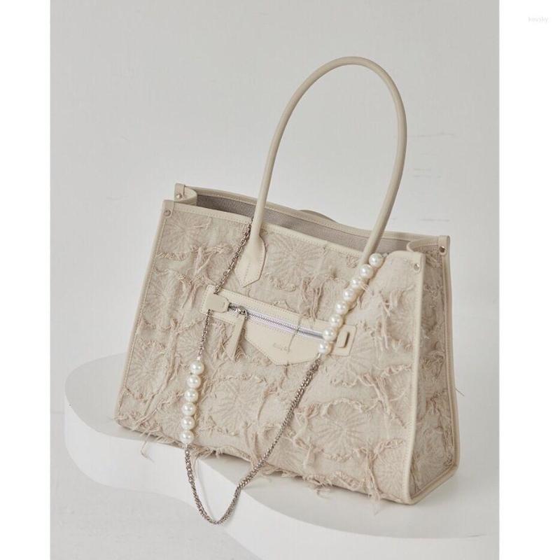 

Evening Bags Tassel Canvas Women Shoulder Large Capacity Ladies Travel Casual Tote Messenger Bag Female Pearl Chain Handbag Clutch Purse, Small white