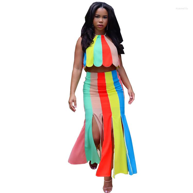 

Work Dresses Rainbow Striped Two Piece Clubwear Set Party Evening Night Club Outfits Color Block Sexy Short Tops And Long Slit Skirts Sets, Red