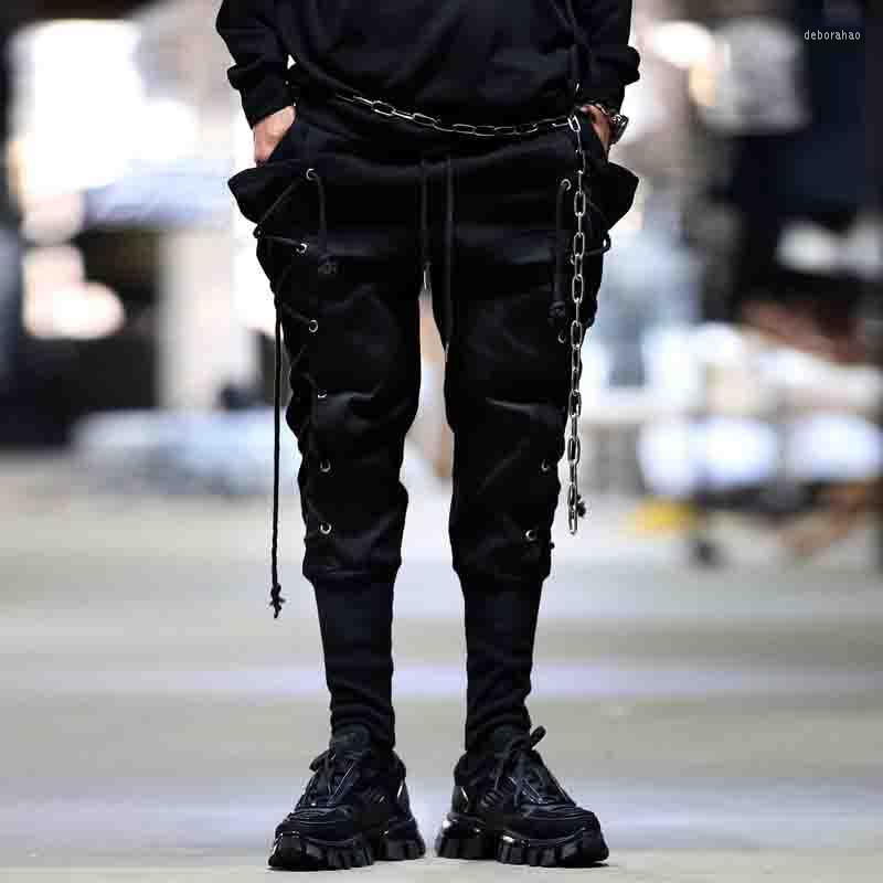 

Men' Pants Dark Black Two Side Drawstring Strap Korean Version Small Foot Harun Trousers For Men' Personality Function Leggings Casual
