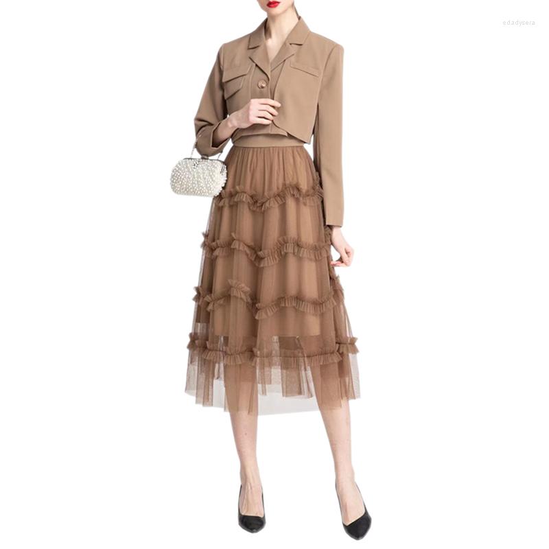 

Work Dresses Women Spring Classic Two Piece Set Lapel Long Sleeve Single Button Crop Top With Spaghetti Strap Mesh Dress, Champagne