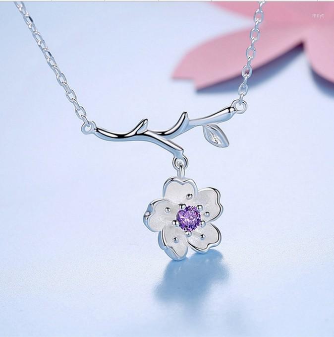 

Choker Silver Color Sakura Flower Necklaces & Pendants Cherry Blossoms With Chain Necklace Jewelry