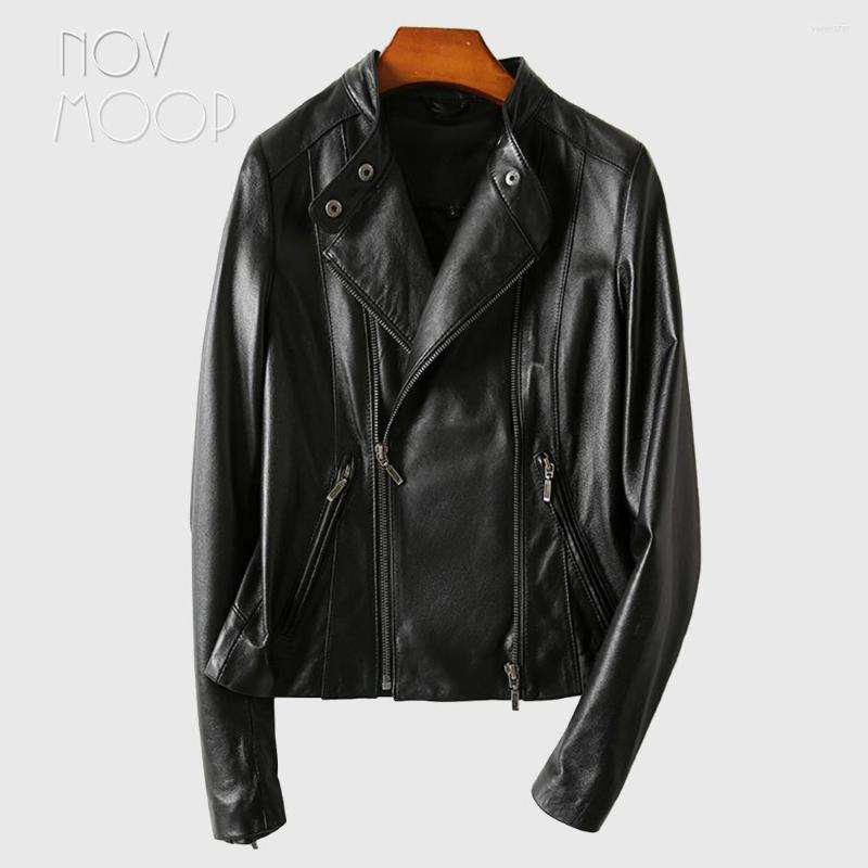

Women' Leather Novmoop Chic Slim Style Women Spring Autumn Black Sheepskin Genuine Motor Biker Jacket Veste Femme Chaqueta Mujer LT3090
