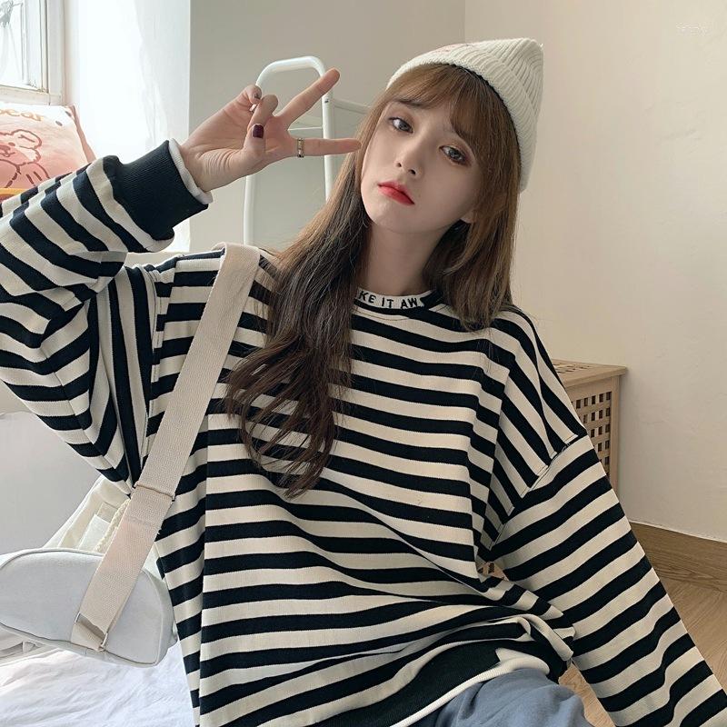 

Women's Hoodies 2022 Autumn And Winter Thin Striped Sweater Female Student Fake Two-piece Letter Printed Top Korean Women's Clothing, Black