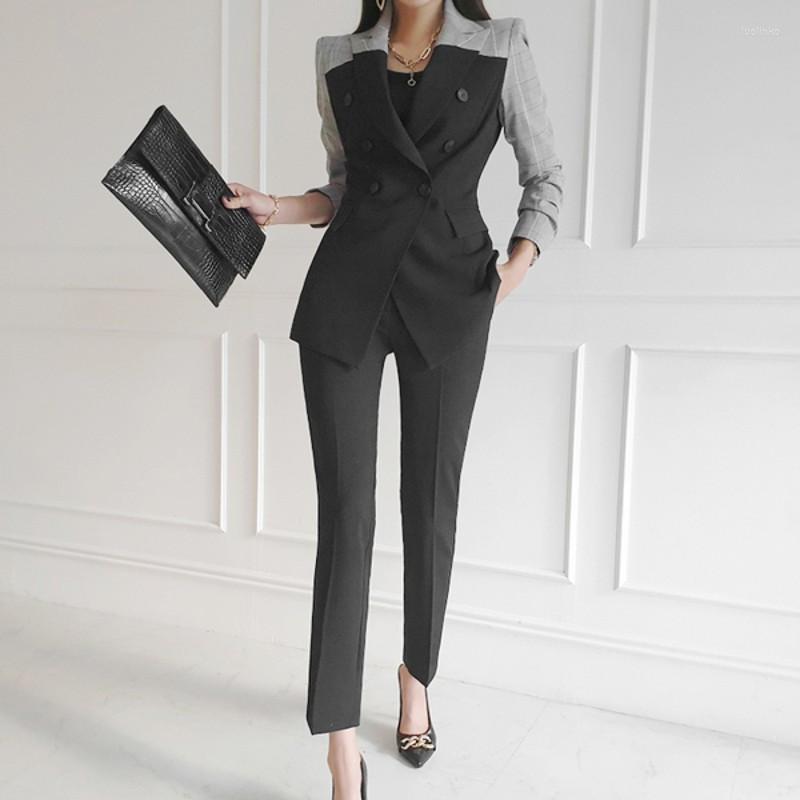 

Women' Two Piece Pants Autumn Women Blazer Pieces Set Double-Breasted Plaid Patchwork Jacket & Pencil Pant Business Casual Office Suit, Picture color