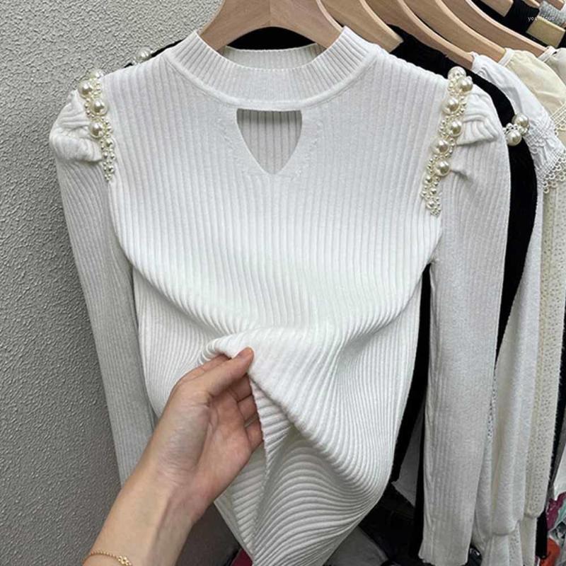 

Women' Sweaters Winter Chic Hollow Puff Sleeve Pearl Top Design Niche Sweater Knit Bottoming Shirt Women' Pull Femme, Black