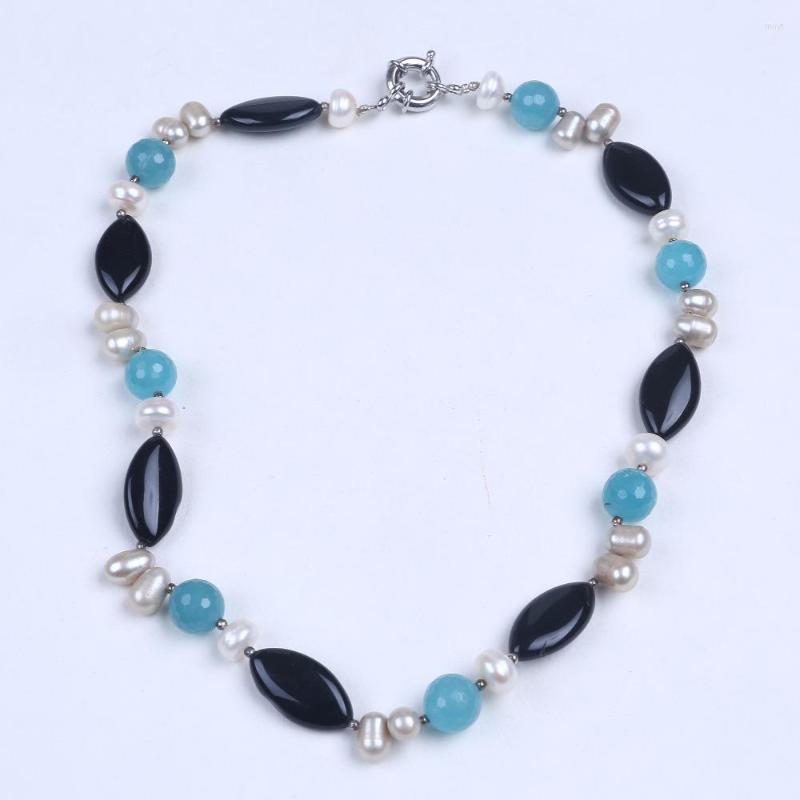 

Choker White Freshwater Pearl Necklace With Black Gagte Natural Soapstone Women As Girl Friends Birthday Gifts