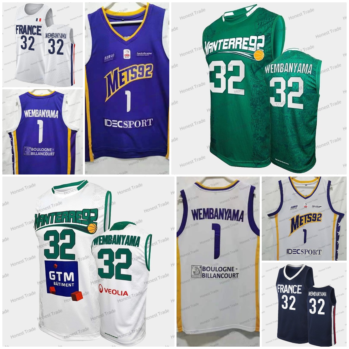 

2022 32 Victor Wembanyama 1 Mens Nanterre Mets92 France Team National White Green Jerseys Printed New 2022 2023 Euro, Men jersey