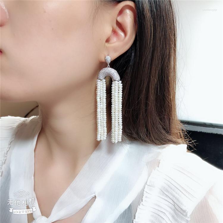 

Dangle Earrings Women's Natural White Bread Freshwater Pearl Cz Pave Post Stud