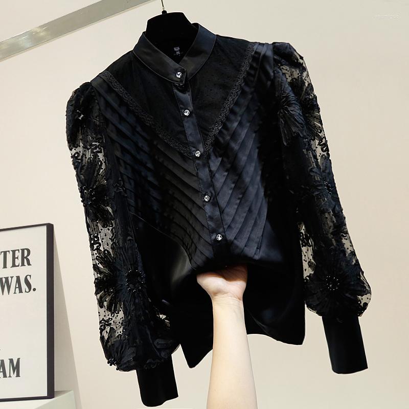 

Women' Blouses Beaded Lace Sleeve White Blouse Woman 2022 Spring Stand-Collar Shirt Single Breasted Retro Lantern Femme Tops, Black