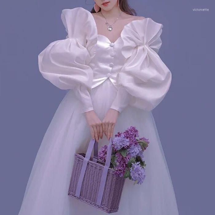 

Five Fingers Gloves Women's Elegant Designer White Satin Puff Glove Female Vintage Pography Formal Dress Long Armsleeve R405