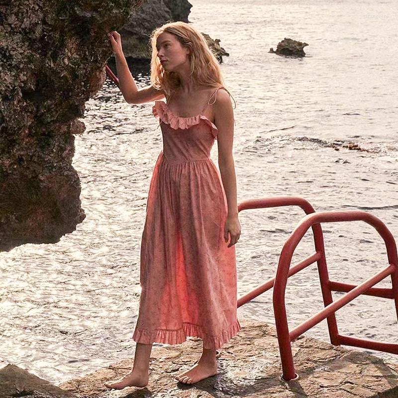 

Casual Dresses Cotton Women Pink Floral Print Long Dress Straapless Sling Ruffled