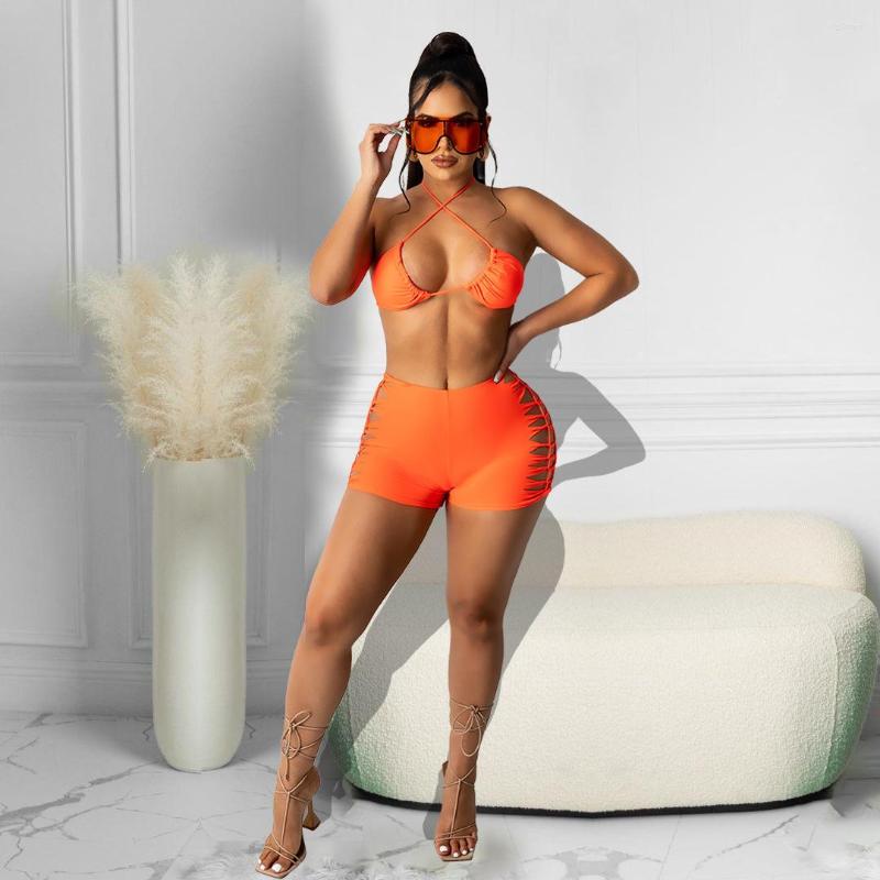 

Women' Tracksuits RMSFE 2022 Ladies Sexy Fashion Solid Color Hanging Neck Bilateral Burnt Flower Binding Rope Bikini Two-Piece Set, Black