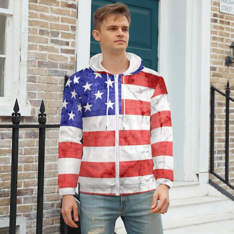 

Men' Hoodies Vintage USA Flag American Blue Stars Print Polyester Zip Up Hoodie Nice Winter Over Size, Style-4