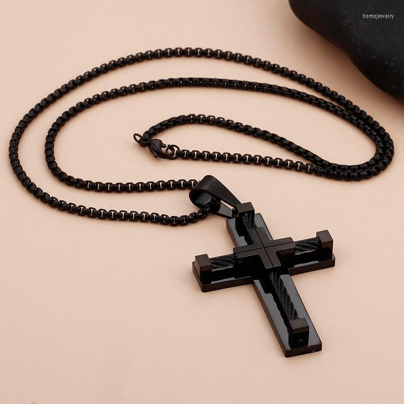 

Pendant Necklaces Black Stainless Steel Wire Chain Large Fashion Cross Necklace Rolo Men's Jewelry 24'' Father Gifts Brother