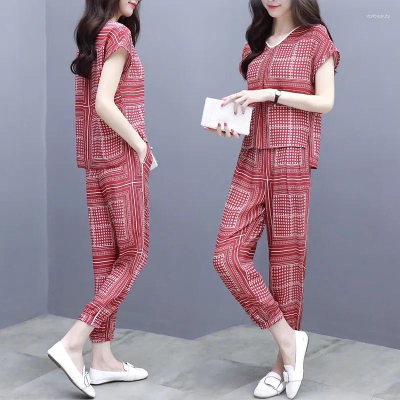 

Women's Two Piece Pants Set Female Radish Cropped Ethnic Style Suit Short-Sleeved Women's Tops 2022 Summer Ladies 2PCS, Red