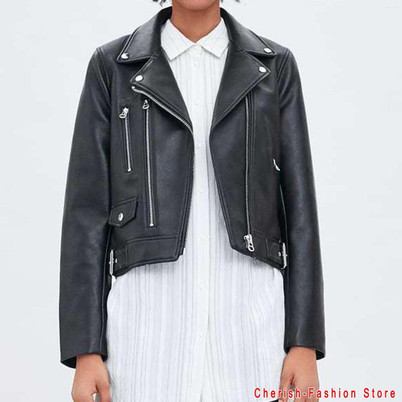 

Women' Leather Spring Autumn Women Faux Jacket Ladies Solid With Belt Zipper Biker Coat Female Casual Outwear Brown Black Color Brand, Ly6185 brown