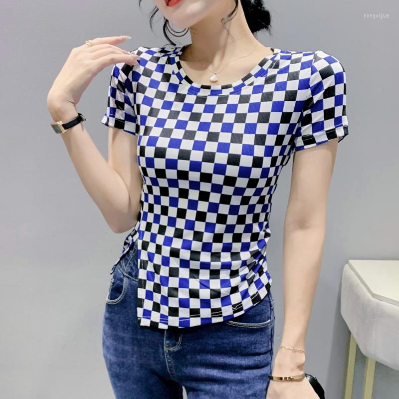 

Women's T Shirts Summer Plaid Shirt Women Sexy Short Sleeve Slim O-neck T-shirt Aasymmetrical Ladies Tshirt Tops, Blue