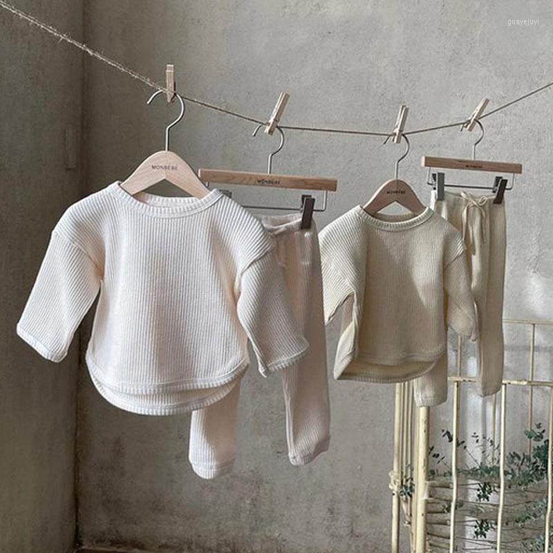 

Clothing Sets 1-3Y Waffle Set Suit 2022 Born Clothes Baby Boys Casual Long Sleeve Pajamas Toddler Girls Fashion Solid Color Spring, Beige