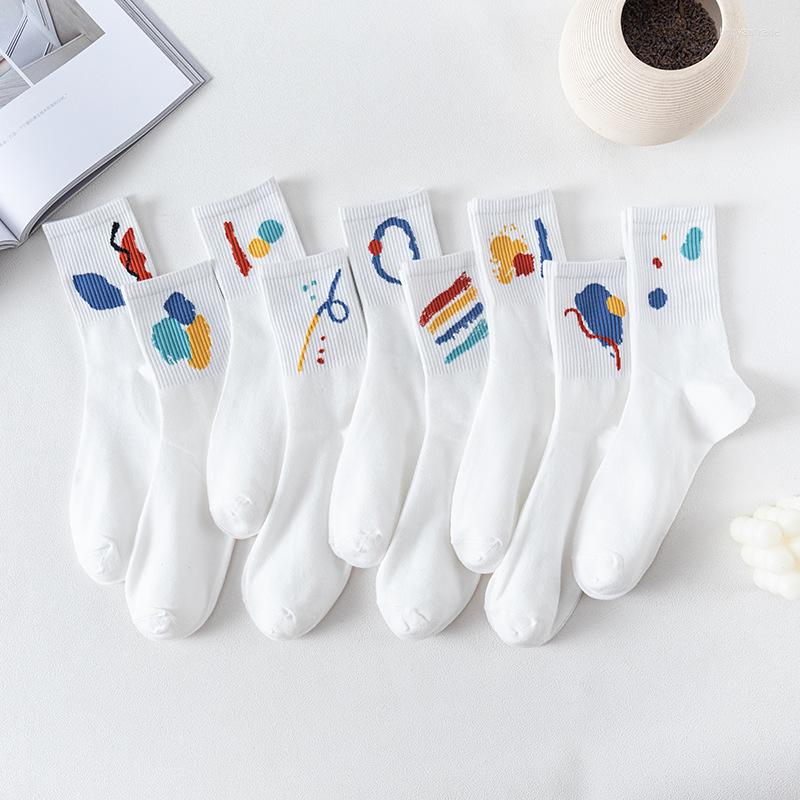 

Men's Socks White Men Set 5 Pairs Cotton Funny Rainbow Pattern Middle Tube Fashion Student Sports Women, Socks 5 pairs
