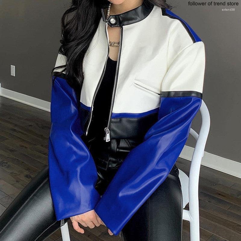

Women' Leather Cool Punk Girl' Loose Jackets 2022 Zipper Button Neck Long Sleeve Clothes Short Jacket Women' Wear Moto Biker, Blue